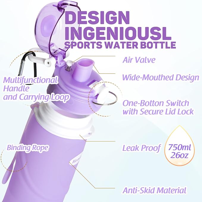 Kemier Collapsible Silicone Water Bottles-750ML, Medical Grade, BPA Free Travel - Image 4