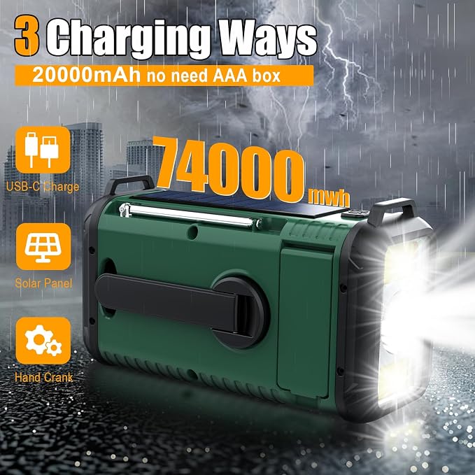 NOAA Weather Radio 20000mAh Battery Powered｜Solar Hand Crank Emergency Radio - Image 5