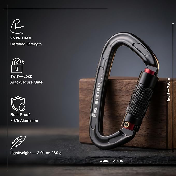 FresKaro UIAA Certified 25KN Auto Locking Climbing Carabiner Clips, Twist Lock - Image 2