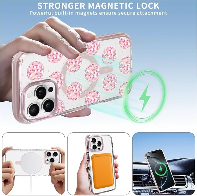 Case for iPhone 16 Pro, Disco Balls Pink Phone Case Design，for Women Girls - Image 3