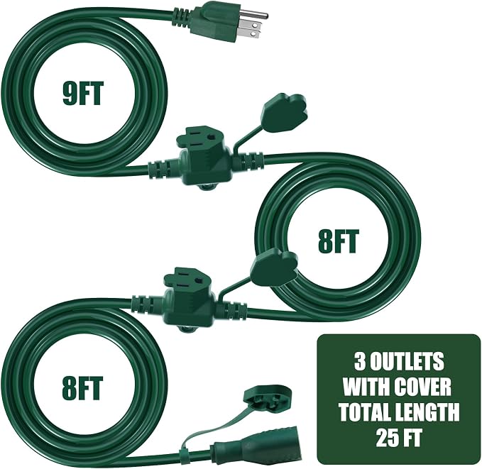 25Ft Outdoor Extension Cord Multiple Plugs- Evenly Spaced 3 Outlets Plugs - Image 2
