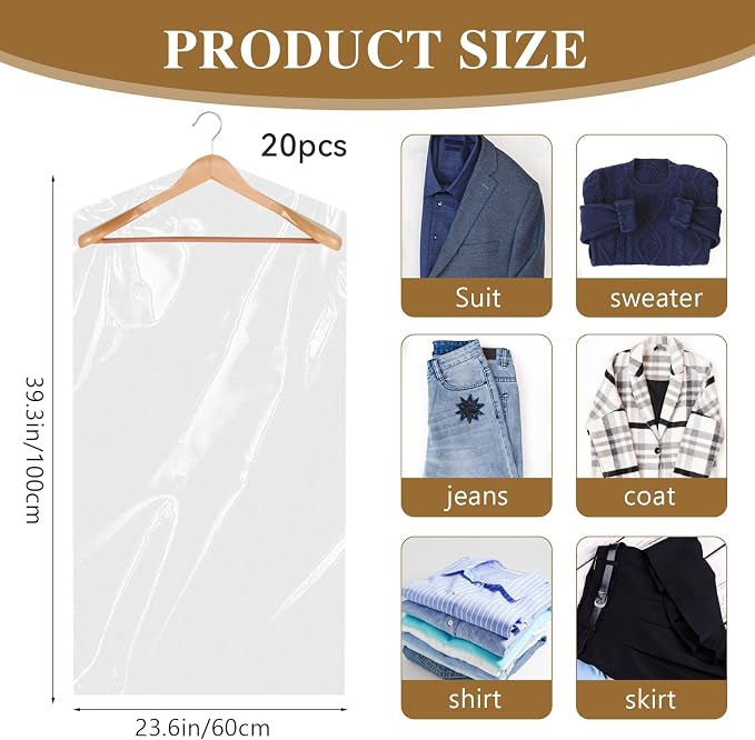 20 Pack Clear Clothes Covers for Hanging Garment Plastic Suit Bags Dry Cleaning - Image 3