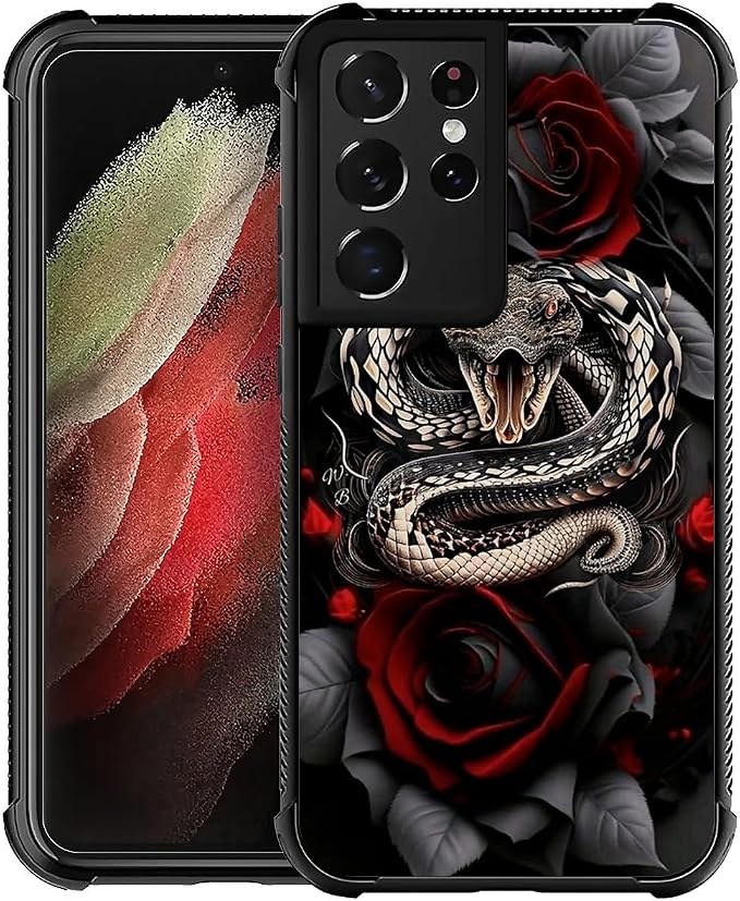 for Samsung Galaxy S21 Ultra Case, Entwined Rose Snake Pattern Graphic Design by FKBRCL4U