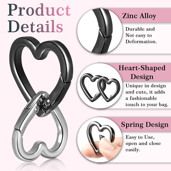 4pcs Heart Carabiner Keychain Clip, Metal Spring Heart Rings Hook Key Ring - Image 3