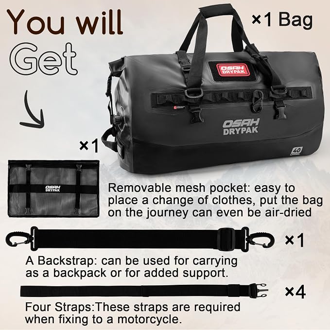 OSAH DRYPAK Waterproof Duffel Bag 25L/40L/60L – Heavy-Duty Motorcycle Tail Bag - Image 8