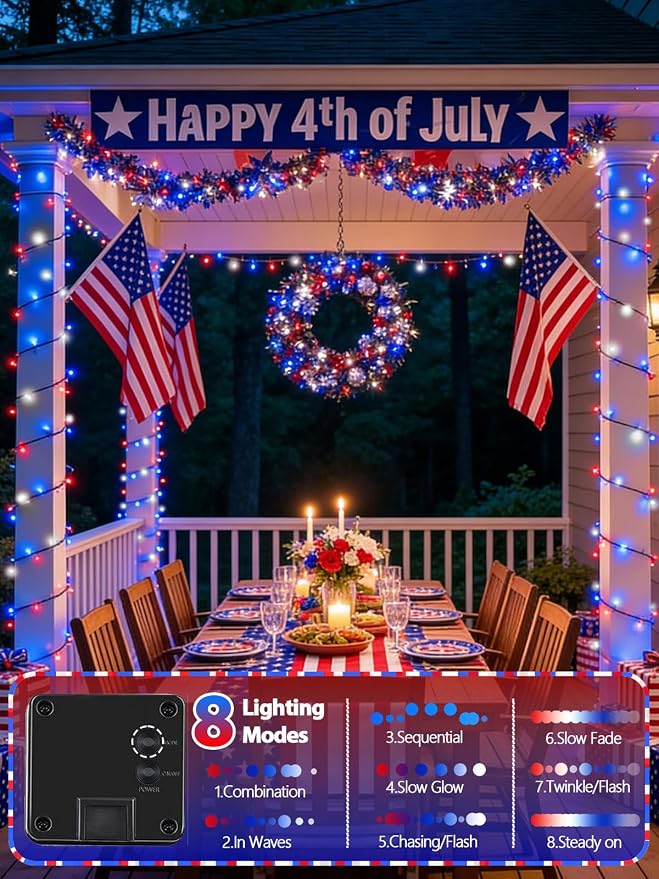 2 Pack 200 LED Red White and Blue Solar String Lights Outdoor Waterproof - Image 3