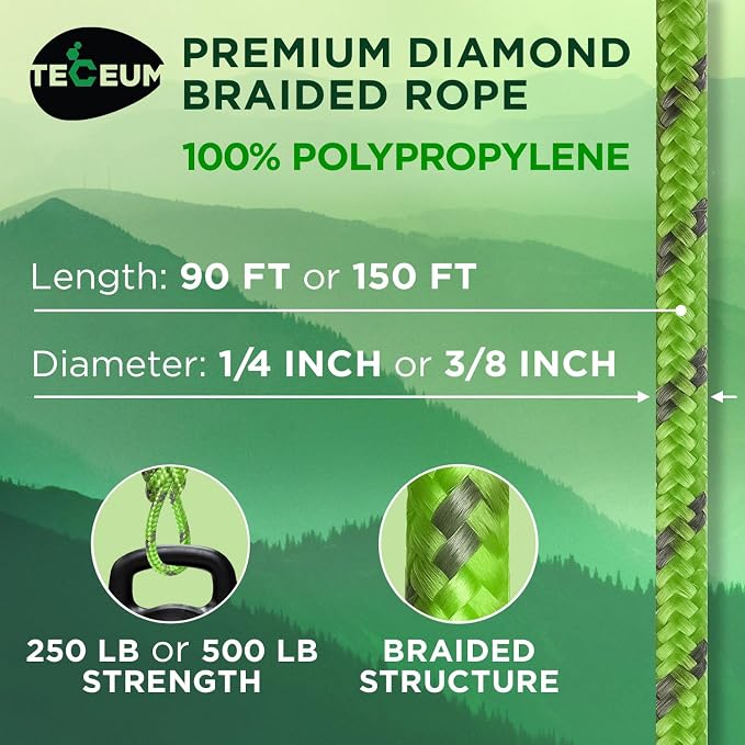 TECEUM Rope – 90 Feet x 3/8 Inch – Green Gray – Strong All-Purpose Utility Rope - Image 2