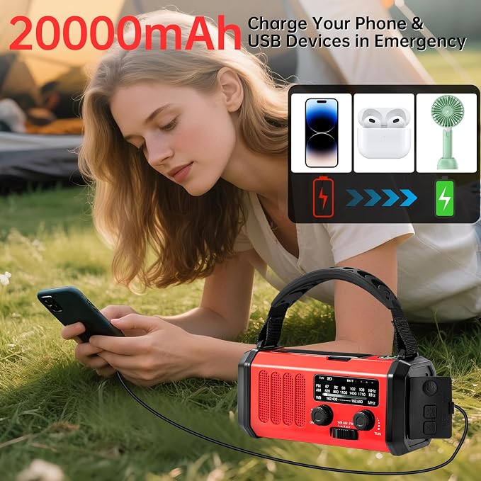Emergency Radio Hand Crank Solar, AM/FM/NOAA Weather Radio Built-in 20000mah - Image 3