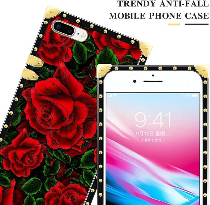 Compatible with iPhone 8 7 SE Case, Vector Red Rose Green Leaf Luxury Golden - Image 4