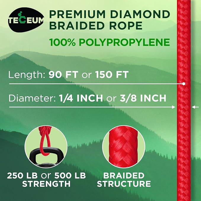 TECEUM Rope – 150 Feet x 1/4 Inch – Red – Strong All-Purpose Utility Rope – - Image 2