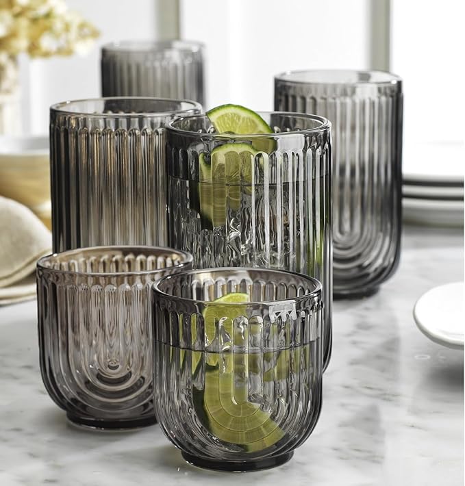 16 Piece Smoke Glassware Set, Art Deco Black Drinking Glasses, Ribbed U-Shape - Image 3