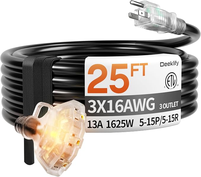 25 ft 16/3 awg 3 Outlet Extension Cord Splitter by Deeklify