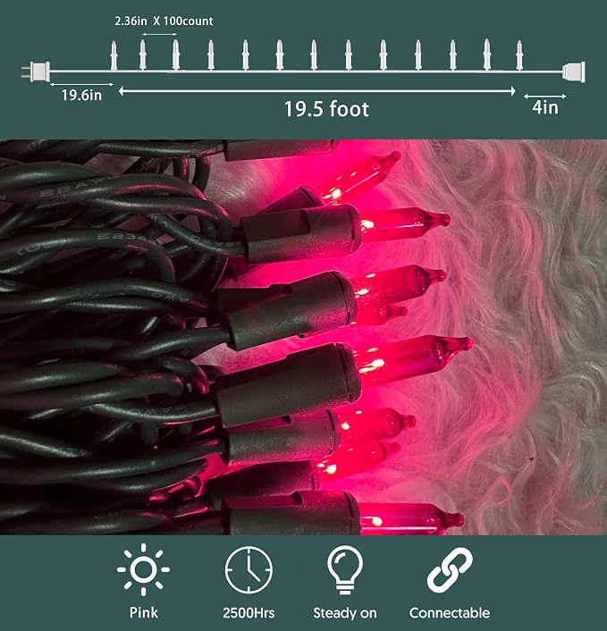 HISHINY Christmas Lights 100 Count Pink Christmas Tree String Lights - Image 2