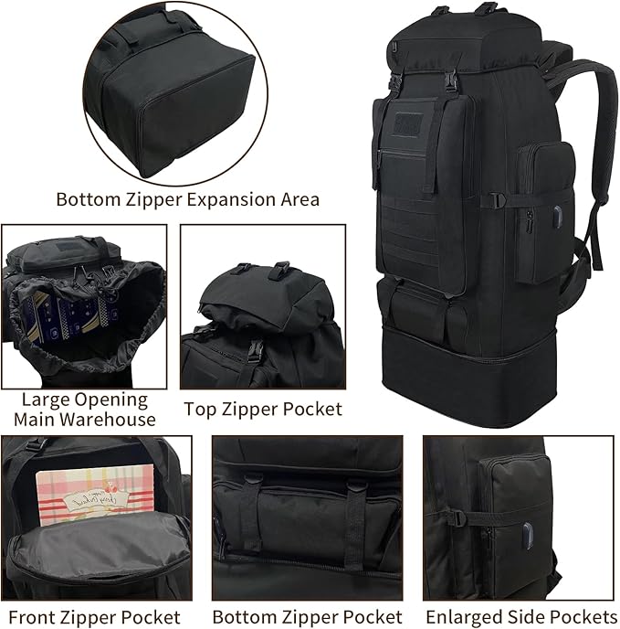 70L/100L Hiking Backpack with USB Charging Port, Expandable Large Military - Image 5