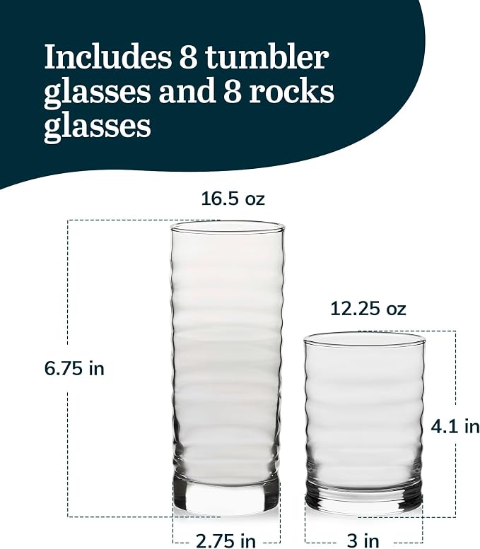 Libbey Pueblo Tumbler and Rocks Glass Set, Wavy and Groovy Drinking Glasses Set - Image 3