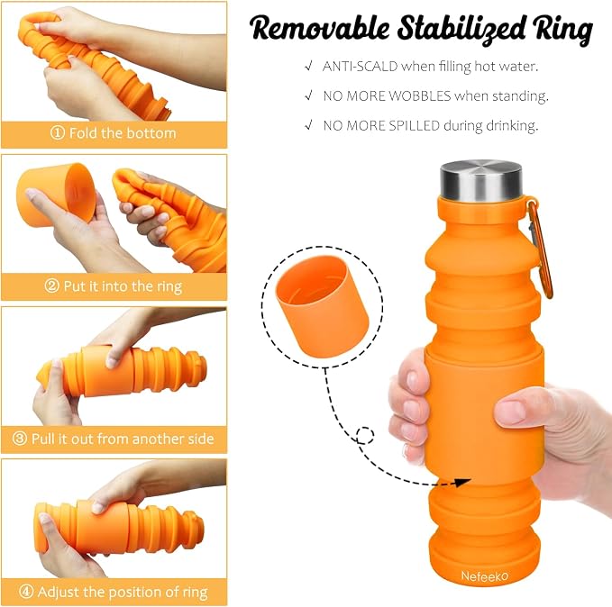 Nefeeko Collapsible Water Bottle, Reuseable BPA Free Silicone Foldable Water - Image 4