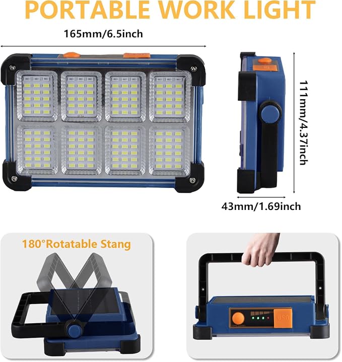 120W Solar Rechargeable Work Light, 144 LED Portable Flood Light - Image 4