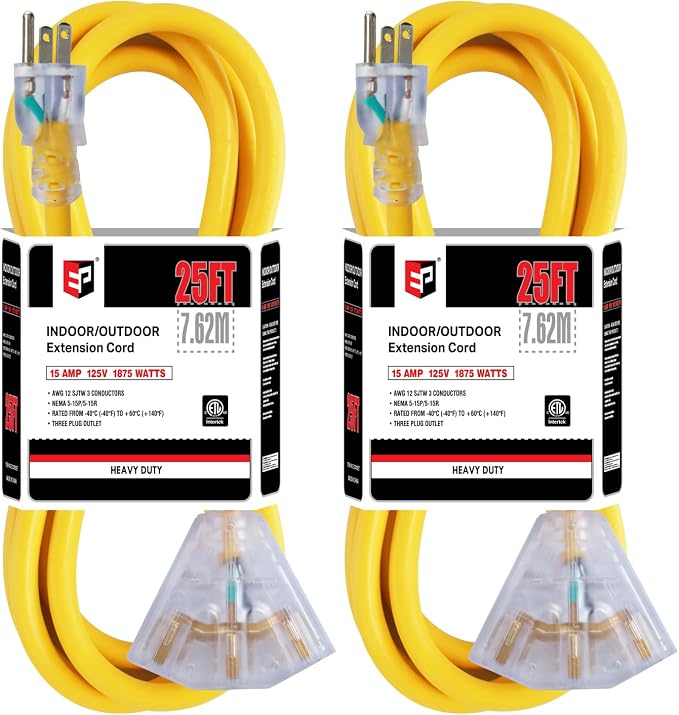 EP 2 Pack 25 Ft 12 Gauge Heavy Duty Extension Cord, 15A 125V 1875W, 3 Outlet by ENERGYPRO
