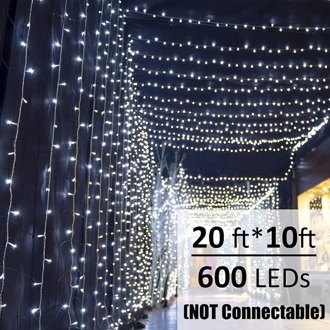 Solhice LED Curtain Lights Outdoor 20ft x10ft Cool White, 600 LED String Lights - Image 2