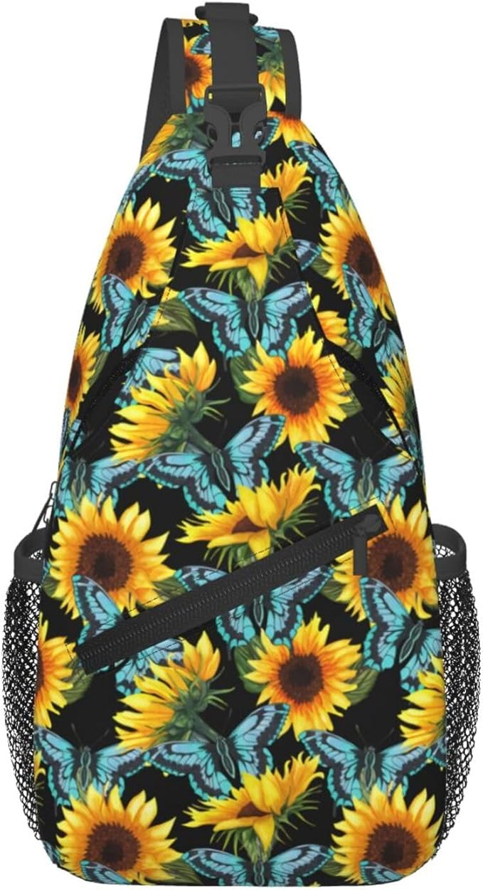 Sunflower And Blue Butterfly Sling Bag by Unknown
