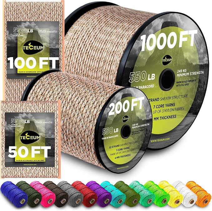 TECEUM Reflective Paracord Rope 1000 – 1000ft/200ft/100ft/50ft – 40+ Colors – by TECEUM