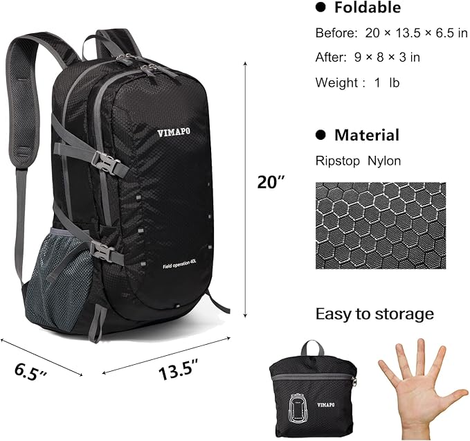 Packable Lightweight Backpack 40L, Ripstop Nylon Foldable Traveling Daypack - Image 2