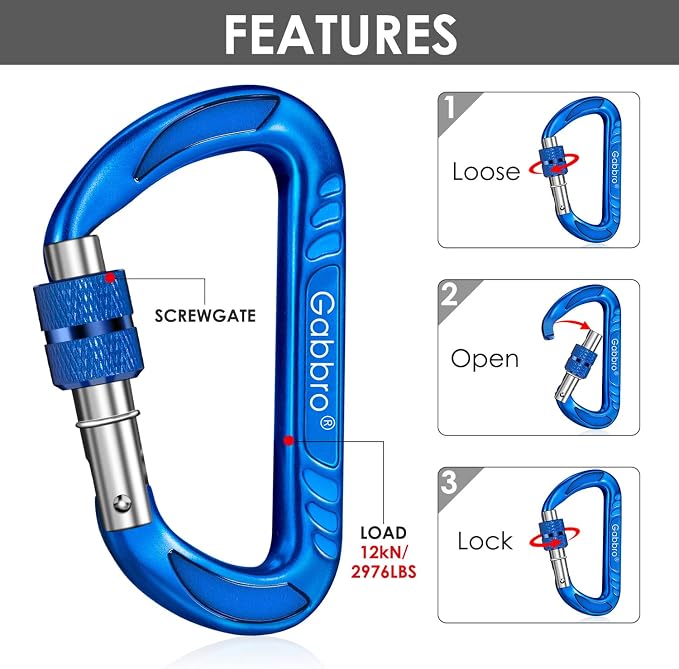 Gabbro Carabiner Clips Heavy Duty 12kN, Wiregate Aluminum Lightweight Caribeener - Image 3
