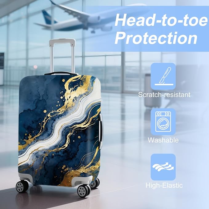 ANNA QUEEN Blue Abstract Marble Travel Luggage Cover -Stretchable Airplane - Image 3