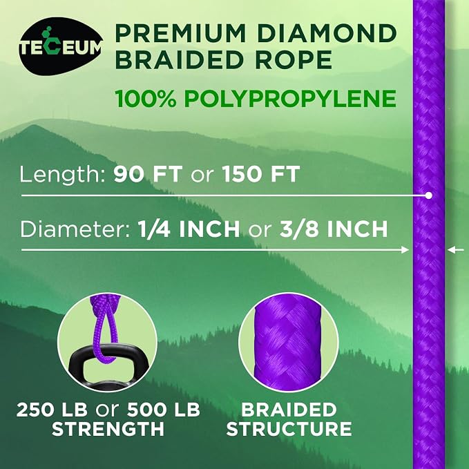 TECEUM Rope – 90 Feet x 3/8 Inch – Purple – Strong All-Purpose Utility Rope – - Image 2