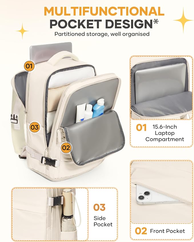coofay Beige Travel Backpack For Women Men Airline Approved Personal Item Carry - Image 4