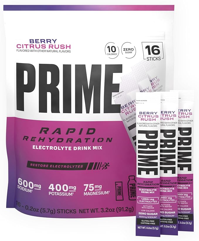 PRIME Rapid Rehydration Electrolyte Powder Sticks, Berry Citrus Rush, Sugar by DrinkPrime