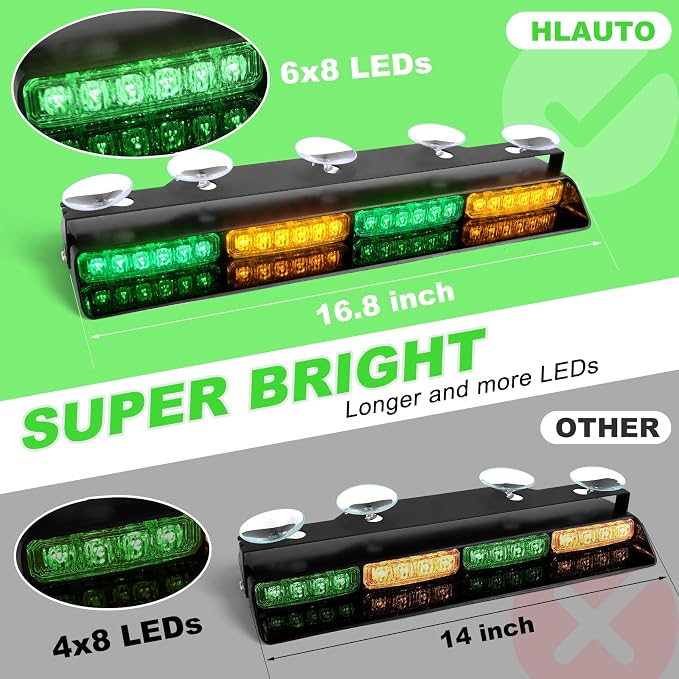 HLauto 604N Emergency Dash Strobe Lights: 2x16.8 inch Green Amber Security - Image 2