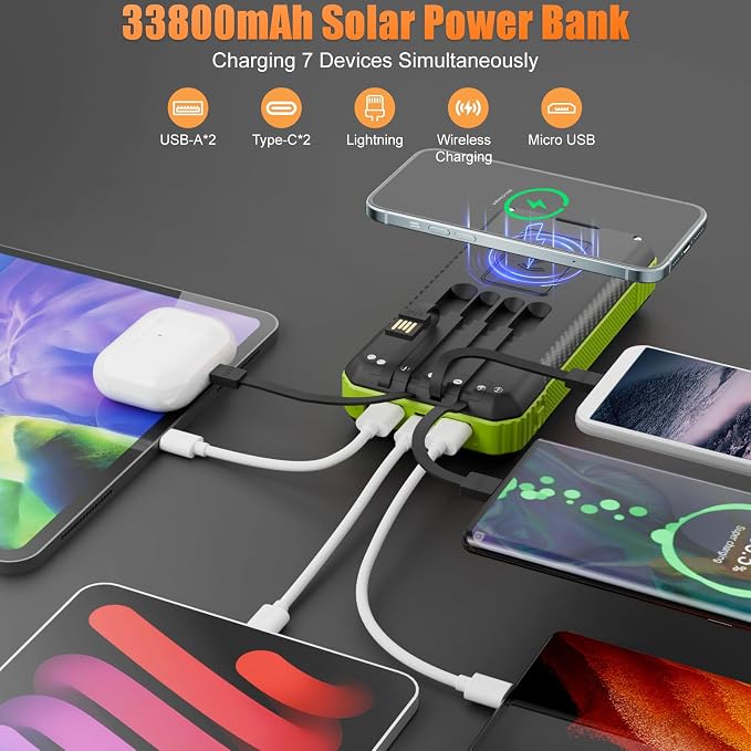 Solar Power Bank 33800mAh with Super Bright LED Flashlight, Built-in 4 Cables & - Image 2