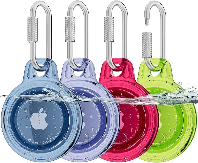 AirTag Holder with 304 Carabiner, 4 Pack IPX8 Waterproof Shockproof PC Hard Case by HOME