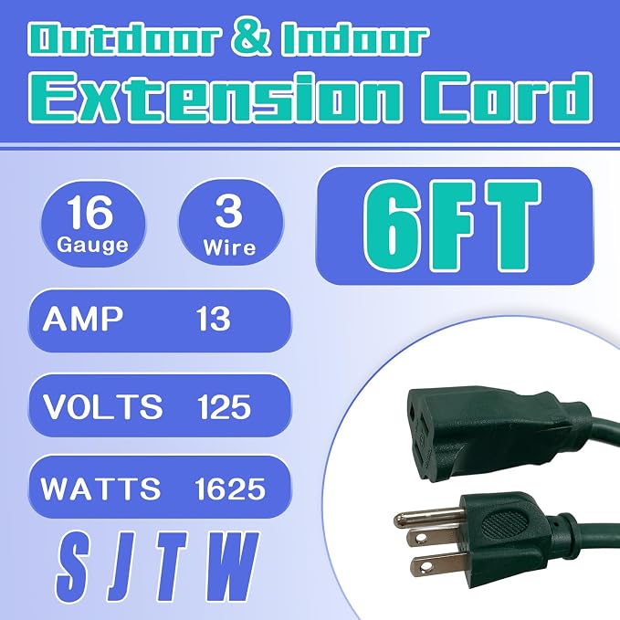 Indoor Outdoor Extension Cord 6 FT, 16/3 SJTW Weatherproof Green Electrical - Image 2