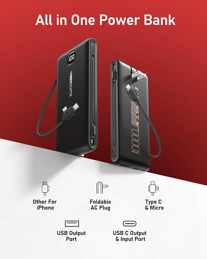 VEEKTOMX Portable Charger with Built in Cables 10000mAh, Power Bank - Image 3