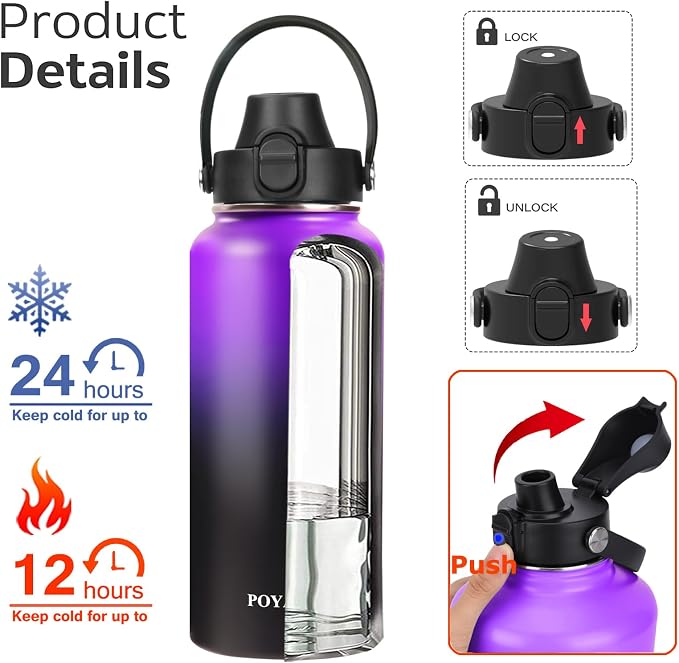 Water Bottle Insulated 32oz 40oz 64oz 128oz Straw Lid Spout Lid & 3 Lids - Image 3
