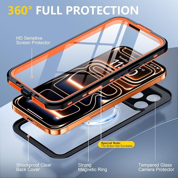 Red2Fire for iPhone 17 Pro Max Case Waterproof, Phone Case 6.9" Oragne/Clear - Image 5