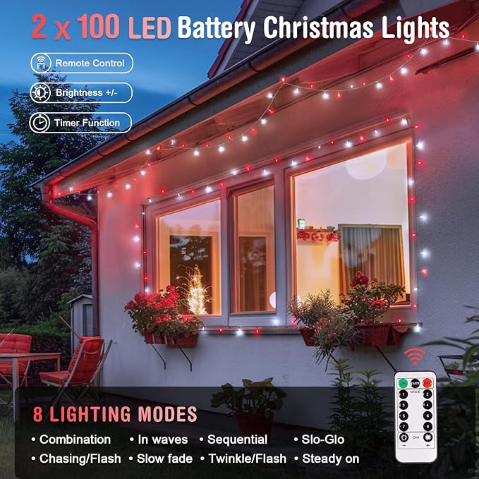 JMEXSUSS 2 Pack Red and White Battery Christmas Lights, Each 33ft 100 LED - Image 6