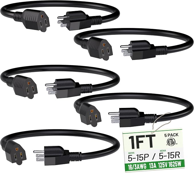 Short Extension Cord 1 Foot Black 5 Pack, 16/3 Gauge Indoor Power Extension by POWGRN