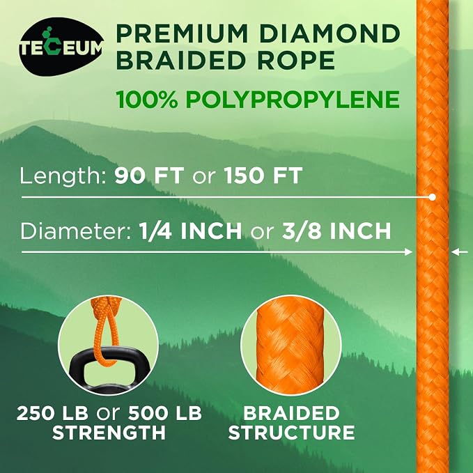 TECEUM Rope – 90 Feet x 1/4 Inch – Orange Yellow – Strong All-Purpose Utility - Image 2