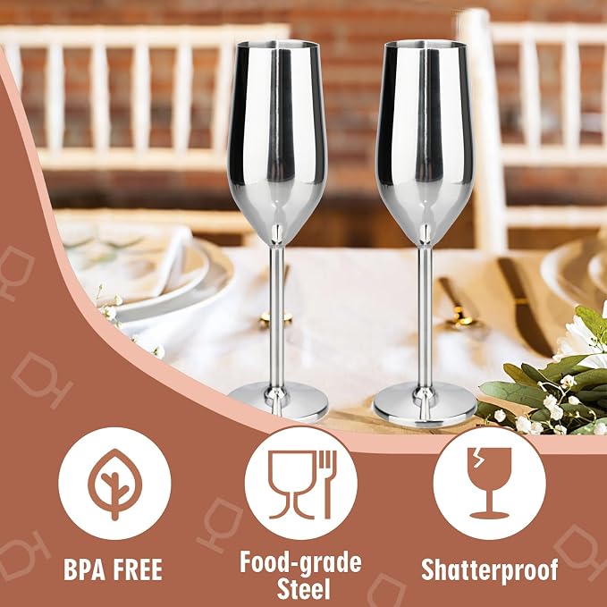 TJ Unbreakable 8 Oz Stainless Steel Champagne Flutes- Silver Champagne Glasses - Image 2