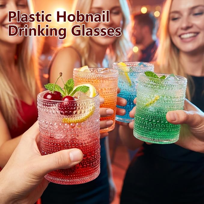 YOUBET 24PCS Plastic Hobnail Drinking Glasses - 14 Oz Clear Vintage Glasses - Image 9