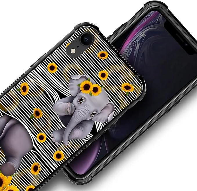 for iPhone XR Case, Cute Little Elephant Sunflower White Line Art Pattern - Image 4