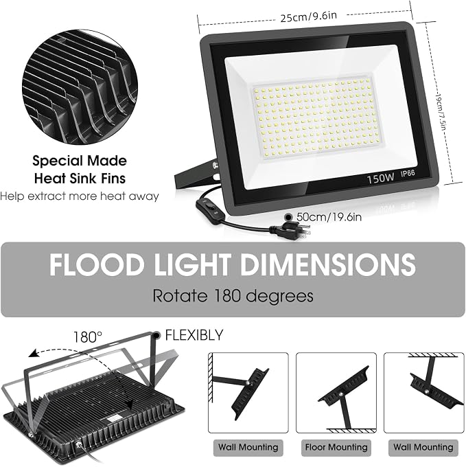 YANYCN 3 Pack 150W LED Flood Light Outdoor, Super Bright Exterior Security Light - Image 4