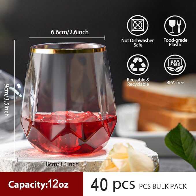 Lueumxc 40 Pack Plastic Wine Glasses, 12Oz Diamond Disposable Wine Glasses - Image 2