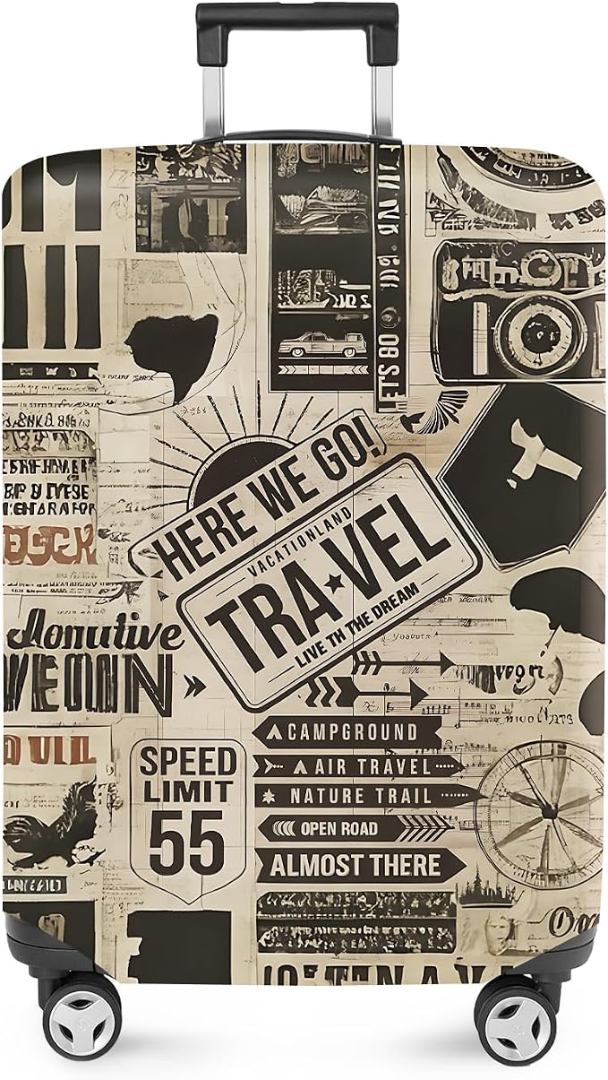 ANNA QUEEN Vintage Travel Collage Luggage Cover, Retro Suitcase Protector by ANNAQUEEN