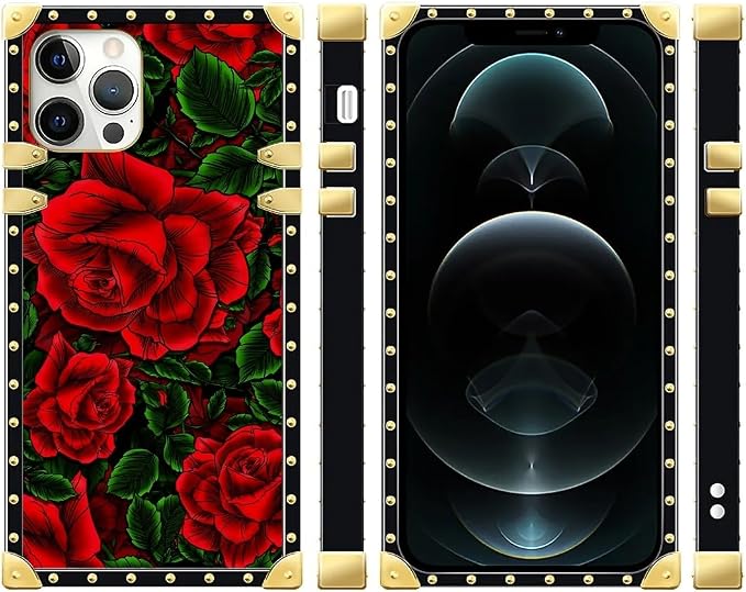 Compatible with iPhone 12 12 Pro Case, Vector Red Rose Green Leaf Luxury Golden - Image 2