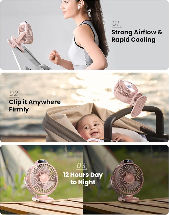 Koonie Portable Clip On Fan, Small USB Battery Operated, 3 Speed Rechargeable - Image 2