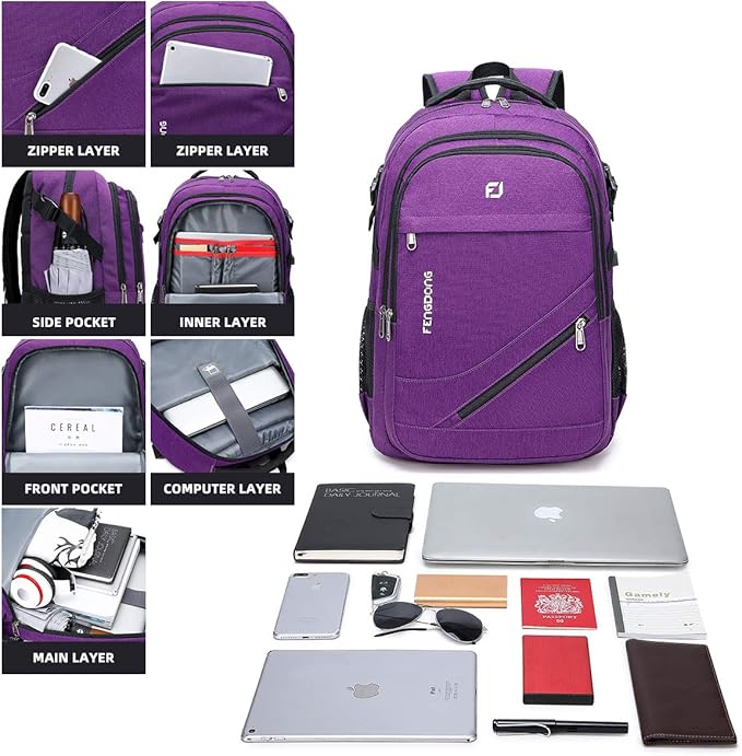 FENGDONG Durable Waterproof Travel Large Laptop Backpack 17.3 inch, College - Image 3